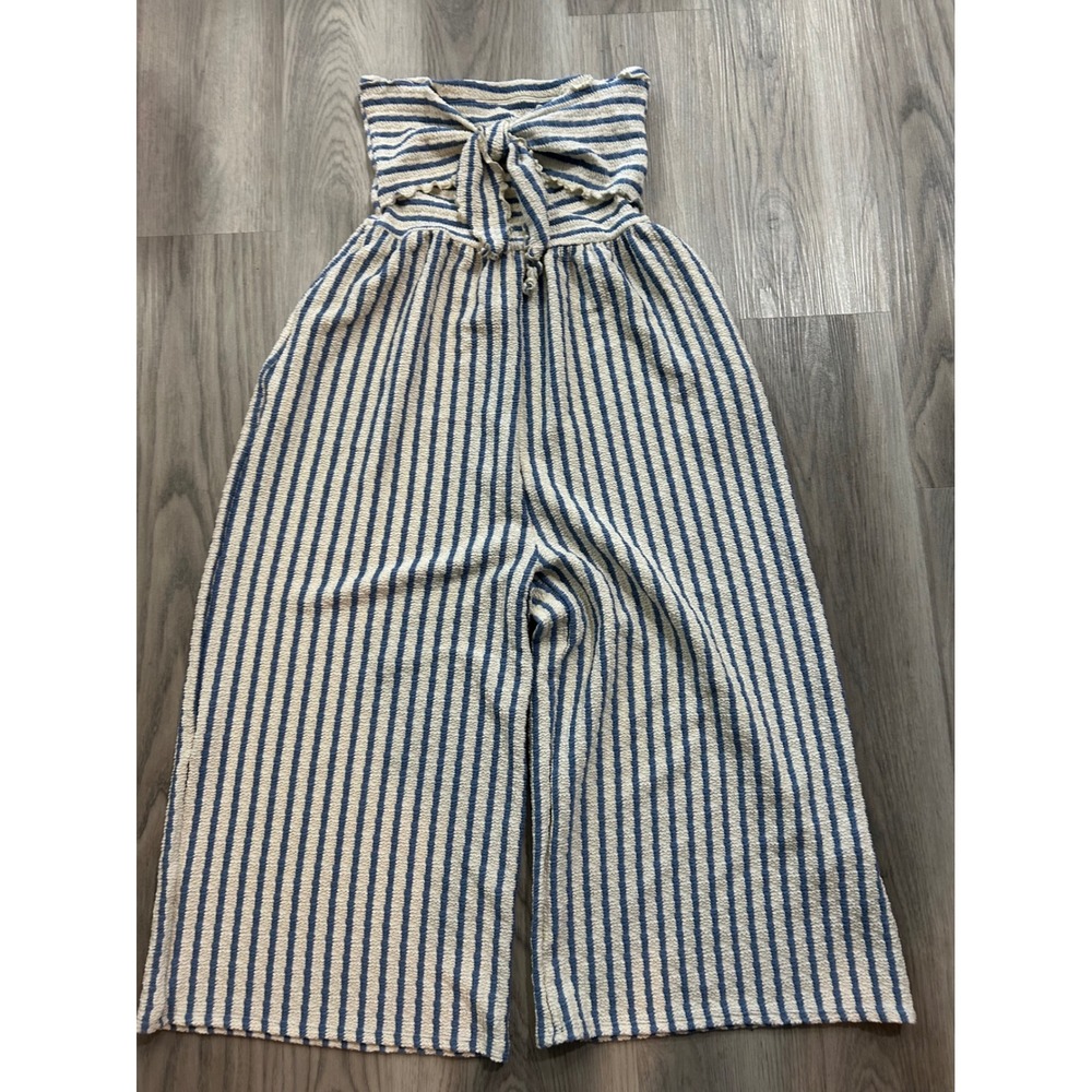 Unknown Womens Strapless Striped Wide Leg Jumpsuit Cotton Blend L Blue White